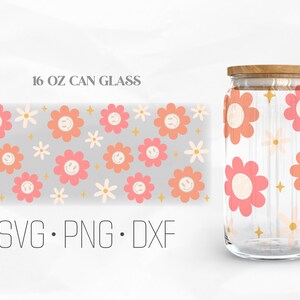 Smile Daisy Flowers Can Glass Wrap Svg, Groovy Daisies Libbey Glass, Smile Face Svg  16oz Can Wrap, Svg, Png, DXF files for Cricut