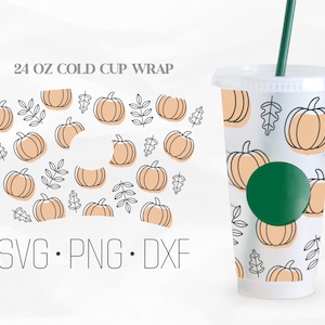 Pumpkin Floral Line Full Wrap, Fall Season Cold Cup 24 Oz, Svg, Png, DXF files for Cricut