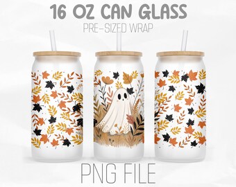 Fall Ghost Libbey 16oz glas kan inpakken png, Halloween herfstgebladerte png, schattig spookachtig spook png, sublimatieontwerp