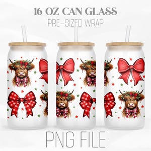 May include: Three 16 oz can glasses with a pre-sized wrap featuring a Christmas design with red and green bows, red stars, and a Highland cow with a red bow and a wreath of holly on its head.