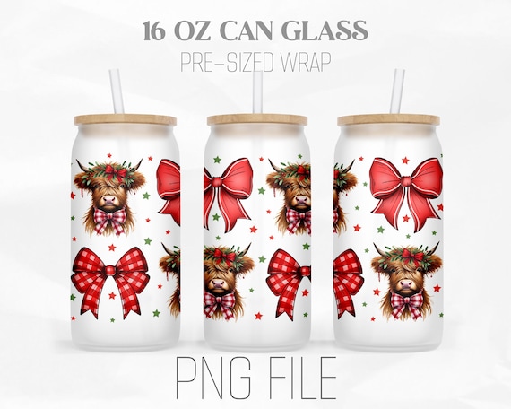 Christmas Coquette Highland Cow Wrap Png, Highland Cow Png, Western Christmas Png, 16oz Libbey Glass Can Tumbler Sublimation Digital Png