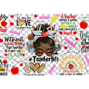 May include: A colorful digital art print with a teacher theme. The print features a black woman with glasses, a rainbow, and the text "Teach Love Inspire" and "#Teacherlife".