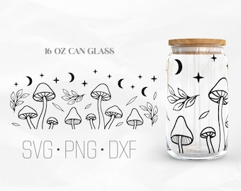 Magic Mushroom Can Glass Wrap SVG, Celestial svg, 16oz Libbey Wrap Svg, Svg, Png, DXF files for Cricut