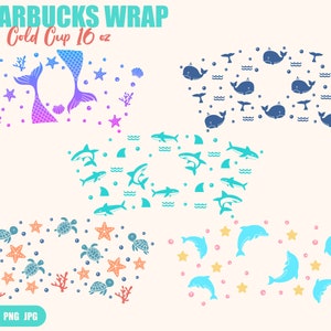 Ocean Animals Full Wrap Bundle, Meerjungfrau, Wal, Delfin, Hai, Meeresschildkröte, Venti Cold Cup 16 Oz, Svg, Png, DXF Dateien für Cricut