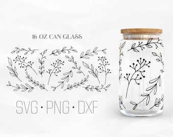 Fiori di campo Can Glass Wrap SVG, Fiore Libbey vetro svg, Floral Can Glass Svg, 16oz Libbey Wrap Svg, Svg, Png, file DXF per Cricut