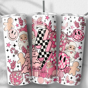 Retro Pink Christmas Vibes Tumbler Png, Natale alla moda png, Disegni di sublimazione natalizia, Bicchiere magro da 20 once, File PNG Download digitale
