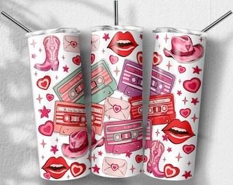 Western Valentine Cassette Tumbler Png, Cowgirl png, Retro Valentine Sublimation Designs, Skinny Tumbler 20oz, PNG File Digital Download