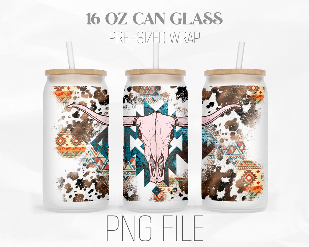 Western Cow Skull Can Wrap Png, Aztec Png, 16oz Libbey Glass Can ...