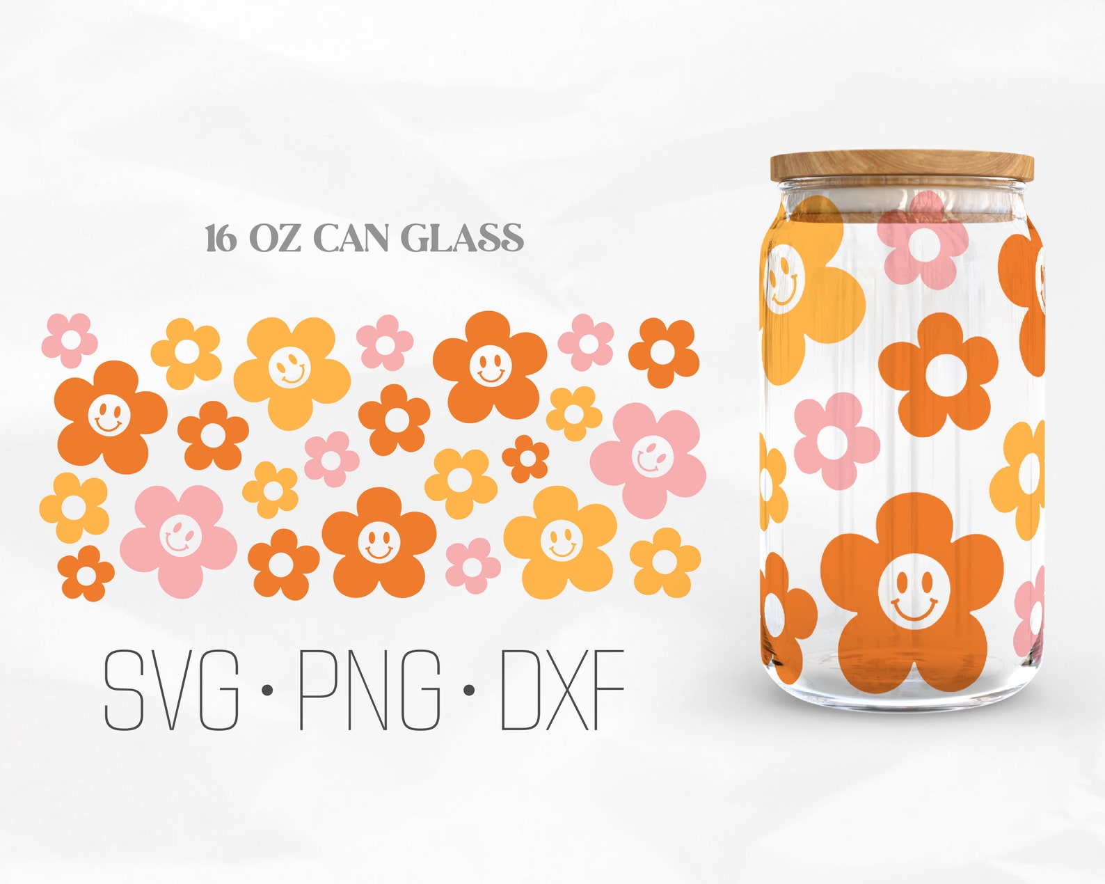 Retro Flower Smiley Glass Wrap, Boho Daisy Libbey Glass, 16oz Can Wrap ...
