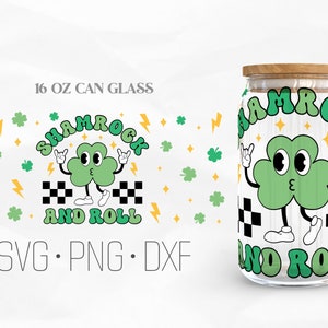 Retro Shamrock And Roll svg Can Glass Wrap, St. Patrick&#39;s day Libbey Glass, 16oz Can Wrap, Svg, Png, DXF files for Cricut