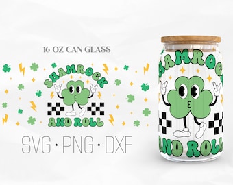 Retro Shamrock And Roll svg Can Glass Wrap, St. Patrick's day Libbey Glass, 16oz Can Wrap, Svg, Png, DXF files for Cricut