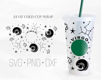 Può includere: Un involucro per bicchiere freddo da 24 once con un design in bianco e nero con il segno zodiacale della Vergine, stelle e il testo "VIRGO".