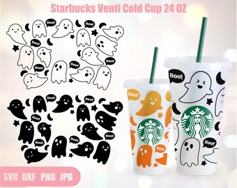 Cute Ghost Full Wrap Bundle Svg, Halloween Cup SVG, Venti Cold Cup 24 Oz, Svg, Png, DXF fichiers pour Cricut