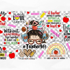 May include: A colorful digital clipart set with illustrations of a teacher, apples, hearts, pencils, rulers, and a globe. The text includes "You are awesome to the core", "Teach love inspire", "Without teachers life would have no class", "Never forget the difference you've made", "A teacher takes a hand opens a mind and touches a heart", "Thanks for helping me bloom", "#Teacherlife", "Peace love teach", and "Teacher teach love inspire".
