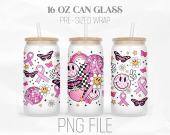 Retro bröstcancerburkomslag png, bröstcancermedvetenhet png, rosa bandet 16oz Libbey glasburktumbler sublimeringsdesign digital png-fil
