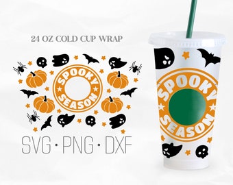 Temporada espeluznante Full Wrap SVG, Calabaza Svg, Halloween Svg, Venti Cold Cup 24 Oz, Svg, Png, archivos DXF para Cricut