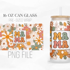 Retro Mama Glass Can Wrap Png, Groovy Floral 16oz Libbey Glass Can Tumbler Sublimation Design Digital Png File