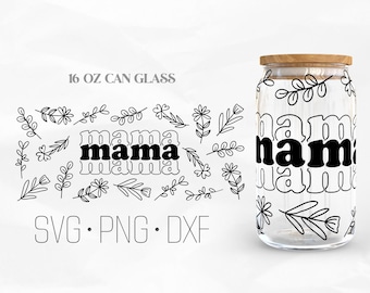Mama Flora Glass Wrap, Wildflower line art Libbey Glass, 16oz Can Wrap, Svg, Png, DXF files for Cricut