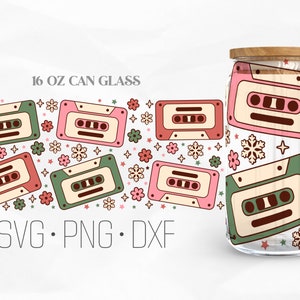 Retro Christmas Songs Wrap Svg, Christmas Music SVG, Cassettes Tapes Svg, Libbey Glass, 16oz Can Wrap, Svg, Png, DXF files for Cricut