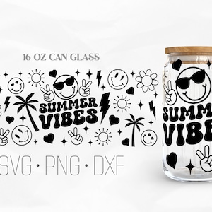 Retro Summer Can Glass Wrap Svg, Summer Smile Face svg, Groovy Summer Vibes,  Libbey Glass, 16oz Can Wrap, Svg, Png, DXF files for Cricut