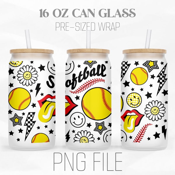 Softball Can Wrap Png, Game Day Png, Sports Png, Trendy 16oz Libbey Glass Can Tumbler Sublimation Design Digital Png File