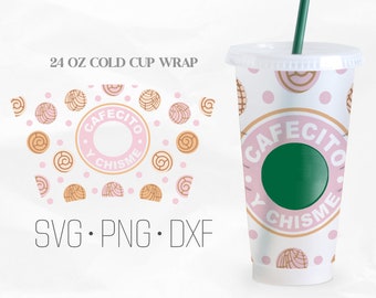 Cafecito Y Chisme Full Wrap SVG Cup, Concha Full Wrap Svg, Venti cold Cup 24 Oz, archivos para Cricut