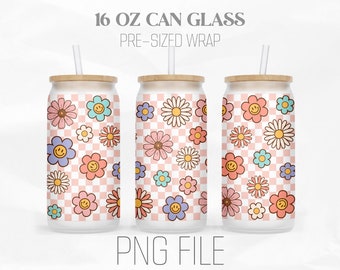 Retro Flowers Checkered Can Wrap Png, Smile Face Daisy png, Groovy Floral 16oz Libbey Glass Can Tumbler Sublimation Design Digital Png File