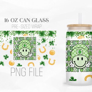 Lucky Charm Glass Can Wrap Png, St.Patrick’s Day 16oz Libbey Glass Can Tumbler Sublimation Design Digital Png File