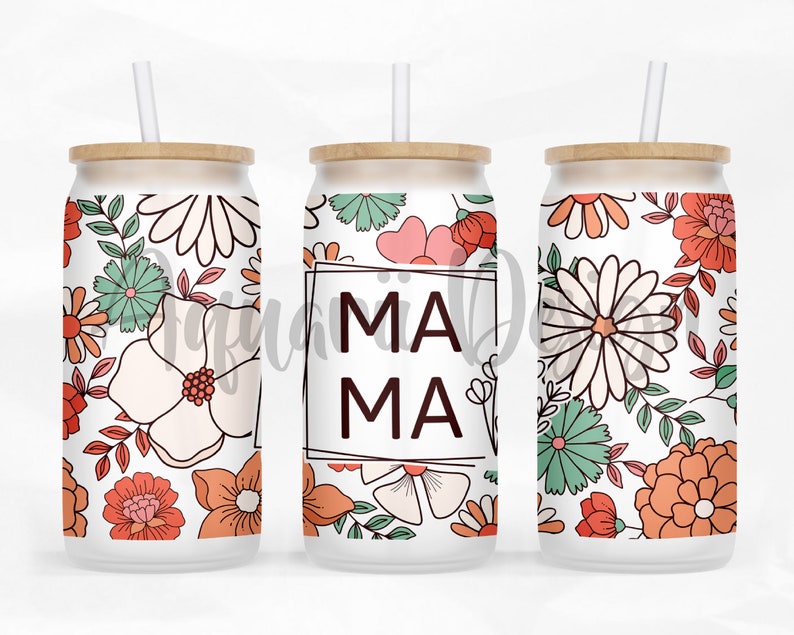 Retro Flower Mama Can Wrap Png Floral 16oz Libbey Glass Can - Etsy