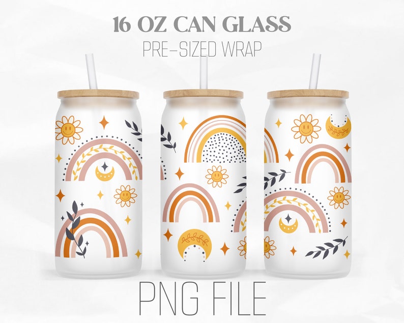 Boho Rainbow Can Wrap Png, Retro 16oz Libbey Glass Can Tumbler ...