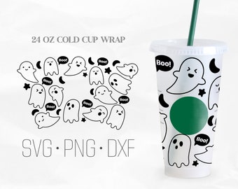 Lindo fantasma Full Wrap Cup Svg, Boo Cup Svg, Halloween Cup SVG, Venti Cold Cup 24 Oz, Svg, Png, archivos DXF para Cricut