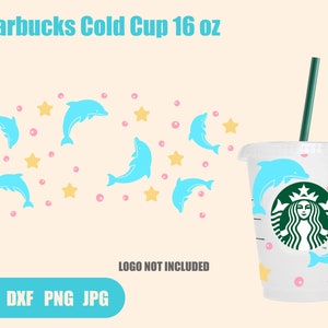 Entzückende Delfine SVG, Ozean Delfin Seestern Wrap Svg, 16oz venti kalte Tasse, Svg, Png, DXF Dateien für Cricut