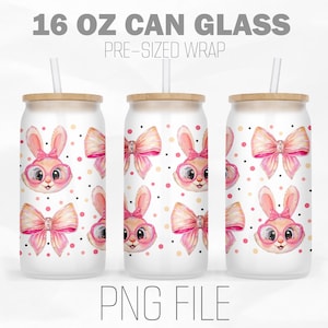 Bunny Coquette Can Wrap Png, Coquette Bow Png, Bunny Easter PNG, 16oz Libbey Glass Can Tumbler Sublimation Design Digital Png File