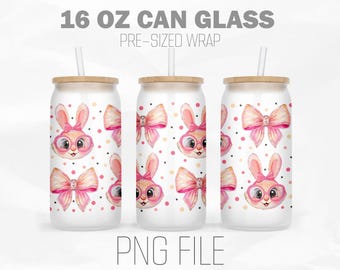 Bunny Coquette Can Wrap Png, Coquette Bow Png, Bunny Easter PNG, 16oz Libbey Glass Can Tumbler Sublimation Design Digital Png File