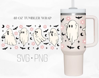 Niedliche Ghost Tumbler Wrap SVG, Retro Halloween svg, spooky 40 Oz Quencher Stanley Full Wrap, SVG, Png, Dateien für Cricut