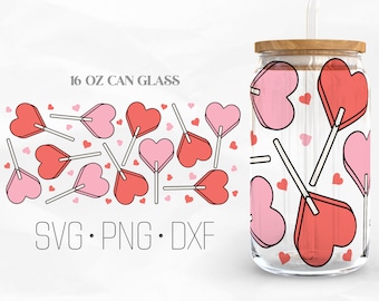 Lollipop Heart Can Glass Wrap, Valentines Day Libbey Glass, 16oz Can Wrap, Svg, Png, DXF files for Cricut