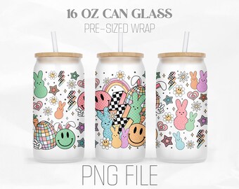 Retro Easter Can Wrap Png, Easter Bunny png, Bunny Png, Groovy Easter 16oz Libbey Glass Can Tumbler Sublimation Design Digital Png File