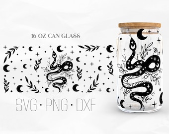 Serpiente floral puede envolver vidrio svg, serpiente celestial svg, serpiente mística svg, serpiente libbey vidrio, 16oz puede envolver, svg, png, archivos DXF para Cricut