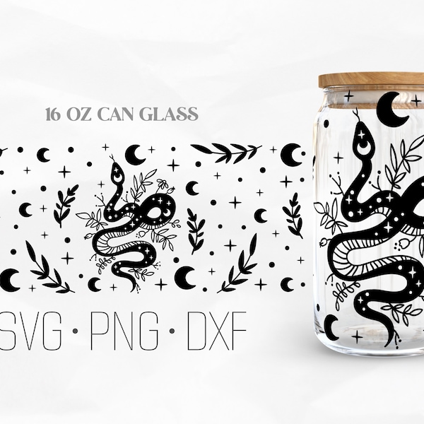 Floral Snake Can Glass Wrap Svg, Celestial snake Svg, Mystical snake Svg, Snake Libbey Glass, 16oz Can Wrap, Svg, Png, DXF files for Cricut