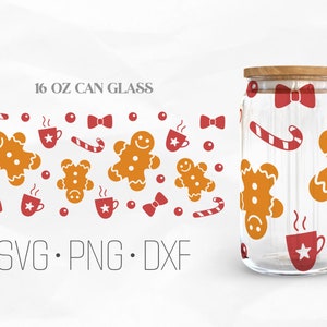 Weihnachten Dose Glas Wrap, Lebkuchen Dose Glas svg, 16 Unzen Libbey Wrap svg, svg, Png, DXF Dateien für Cricut