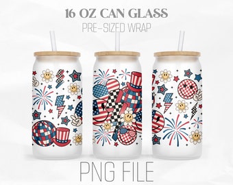 Retro America Can Wrap Png, USA Flag Png, Patriotic Png, 4th of July Png, 16oz Libbey Glass Can Tumbler Sublimation Design Digital Png File