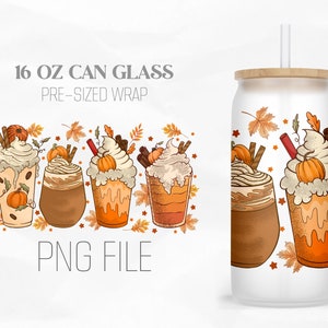 Fall Coffee Drink, Autumn Leaves, 16oz Libbey Glass Can Tumbler Sublimation Design Digital Png File