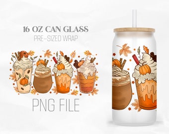 Fall Coffee Drink, Autumn Leaves, 16oz Libbey Glass Can Tumbler Sublimation Design Digital Png File