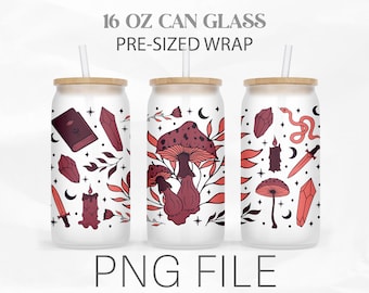 Witchy Halloween Can Wrap Png, Witch png, Boho halloween 16oz Libbey Glass Can Tumbler Sublimation Design Digital Png File