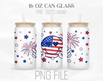 American Flag Smile Face Can Wrap Png, 4th of July, Independence Day Png, 16oz Libbey Glass Can Tumbler Sublimation Design Digital Png File