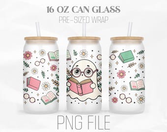 Book Lover Can Wrap Png, Bookish Ghost Png, Librarian Png, Halloween Png, 16oz Libbey Glass Can Tumbler Sublimation Design Digital Png File