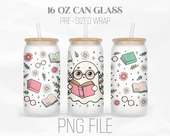 Book Lover Can Wrap Png, Bookish Ghost Png, Librarian Png, Halloween Png, 16oz Libbey Glass Can Tumbler Sublimation Design Digital Png File