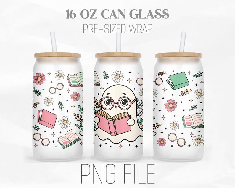 May include: A white 16 oz can glass with a pre-sized wrap featuring a cute ghost reading a book. The wrap has a pink, green, and white floral pattern with glasses and books.