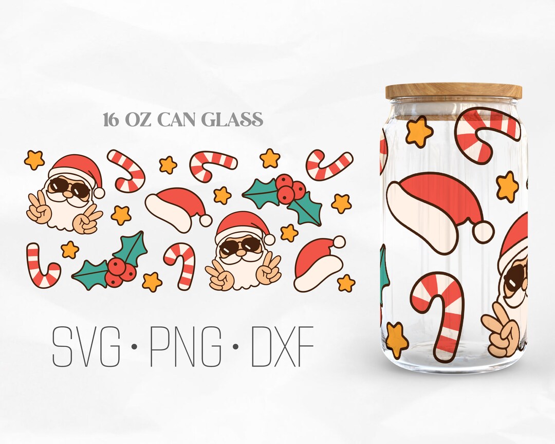 Santa Claus Can Glass Wrap, Retro Christmas Libbey Glass, 16oz Can Wrap ...