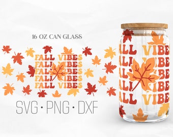 Fall Vibes Can Glass Wrap Svg, Retro Autumn SVG, Thanksgiving Libbey Glass, 16oz Can Wrap, Svg, Png, DXF files for Cricut